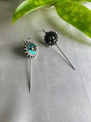 Oxidised Silver Teal Long Drop Earrings