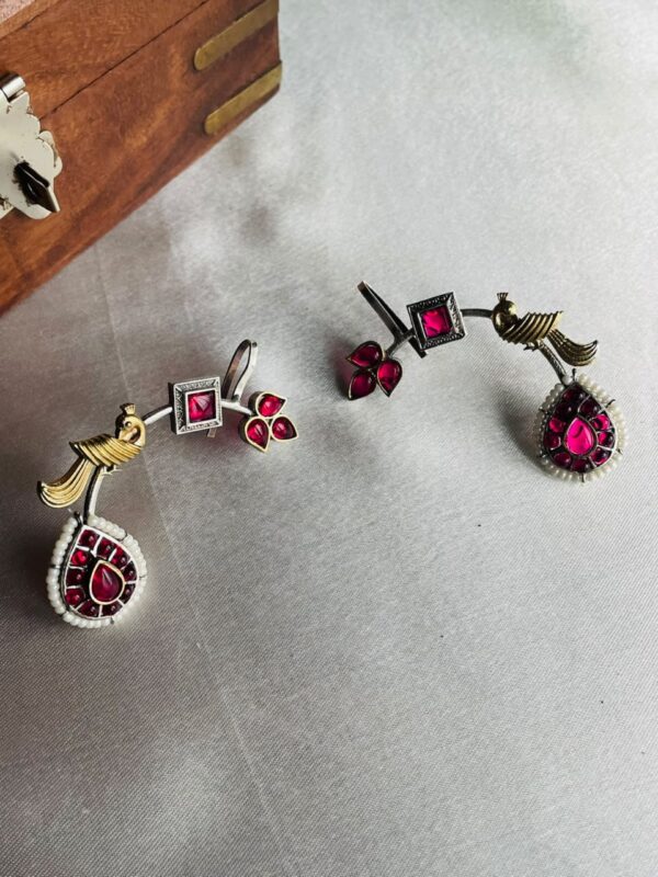 Ruby Peacock Feather Earrings