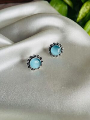 Sky Blue Stone Floral Silver Stud Earrings