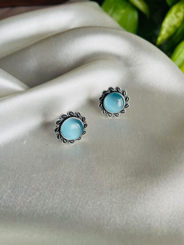 Sky Blue Stone Floral Silver Stud Earrings